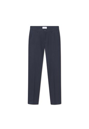 Pantalons ajustés bleu marine en tissu lisse, dotés d'une coupe slim, de poches avant et d'une fermeture à bouton à la taille.