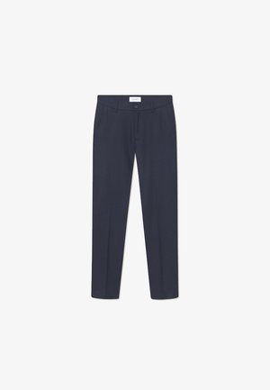Navyblauwe op maat gemaakte broeken van een gladde stof, met een slim fit, zijzakken en een knoopsluiting in de taille.