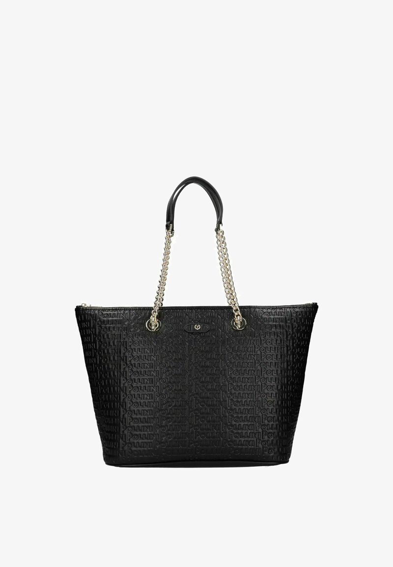 Schwarze Tragetasche mit erhabenem "POLLINI"-Schriftzug, ausgestattet mit goldfarbenen Kettengriffen und schwarzem Ledergriff sowie einer kleinen vorderen Klappe zum Verschließen.