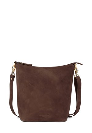 Braune Lederhandtasche mit glatter Textur, Reißverschluss und verstellbarem Schultergurt. Verfügt über dezentes Branding am Boden.