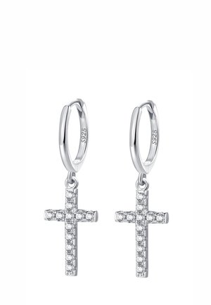 Pendientes de aro de plata con cruces colgantes incrustadas con pequeñas piedras preciosas transparentes, marcados con "S925" en el interior de los aros.