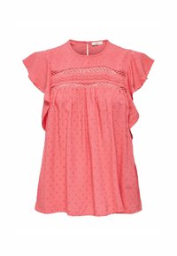 Blusa rosa con maniche corte a volant, tessuto texturizzato con piccoli modelli a pois e un pannello in pizzo sull'area del petto. Chiusura a occhiello sulla schiena.