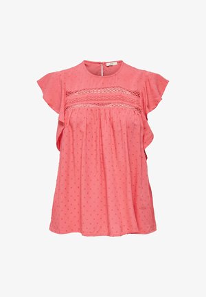 Blusa rosa con maniche corte a volant, tessuto texturizzato con piccoli modelli a pois e un pannello in pizzo sull'area del petto. Chiusura a occhiello sulla schiena.