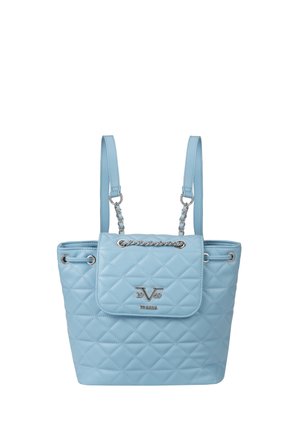 Light blue quilted handbag with chain and leather double straps, flap closure, and metal logo embellishment.