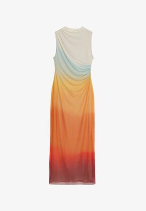 Ujjatlan ruha lágy, drapált dizájnnal, világoskék és narancssárga, valamint piros árnyalatokból álló ombre gradienssel, puha, könnyű anyagból készült.