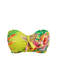 Bandeau bikini top in felgroen met tropische bloemmotieven. Kenmerkt zich door plooien en een centrale knoopdetails aan de voorkant.