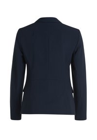 Námořnický blejzr s přiléhavým střihem, jediným zadním rozventem, vystuženými rameny a hladkou texturou. Čisté linie a minimalistický design.