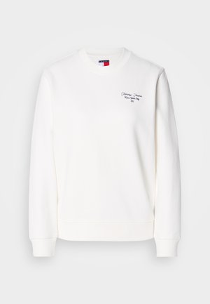Sweatshirt blanc avec un col rond et des manches longues, avec un texte brodé "Tommy Jeans New York City" sur le devant.
