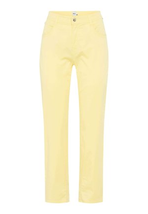 Pantalon jaune clair à jambe droite avec poches avant, passants de ceinture et fermeture par bouton.