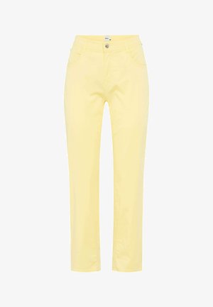 Pantaloni giallo chiaro a gamba dritta con tasche frontali, passanti per cintura e chiusura con bottone.