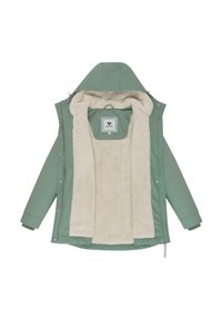 Grüne isolierte Jacke mit weich-beigem Kunstfellfutter, abnehmbarem Kapuze, Druckknopfverschlüssen und gerippten Bündchen. Innenetikett sichtbar.