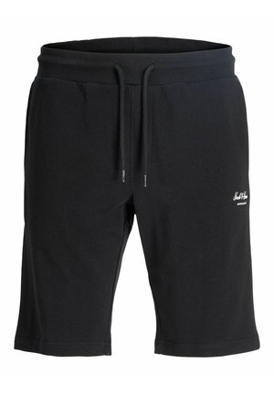 Juodi vidutinio ilgio laisvalaikio šortai su raišteliu juosmenyje ir mažu baltu logotipu ant kairio šlaunies.