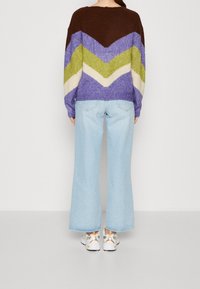 Person standing facing away wearing a multicolor chevron sweater, light blue wide-leg jeans, and white sneakers on a plain background.