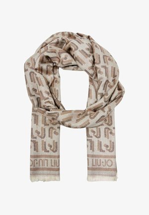 Écharpe beige clair avec des motifs géométriques abstraits marron et des bords frangés, présentée pliée et enroulée sur un fond blanc.