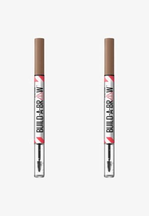 Crayon à sourcils avec une section supérieure marron et une section inférieure transparente contenant une brosse spoolie. Doté d'un branding audacieux "BUILD-A-BROW".