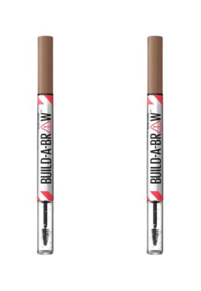 Crayon à sourcils avec une section supérieure marron et une section inférieure transparente contenant une brosse spoolie. Doté d'un branding audacieux "BUILD-A-BROW".