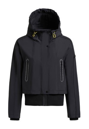 Černá mikina s kapucí na zip a patentními knoflíky vpředu, dvě kapsy na zip s bílým nápisem, žluté šňůrky na stažení a žebrovaný lem a manžety.