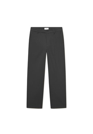 Gray tailored trousers with a straight-leg cut, featuring a button closure, side pockets, and a smooth fabric texture.