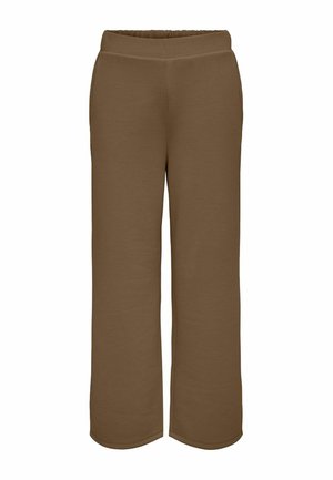 Pantaloni larghi marroni realizzati in materiale morbido, con una vita elastica e tasche laterali. Tessuto liscio e design semplice.