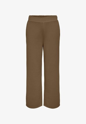 Pantaloni larghi marroni realizzati in materiale morbido, con una vita elastica e tasche laterali. Tessuto liscio e design semplice.