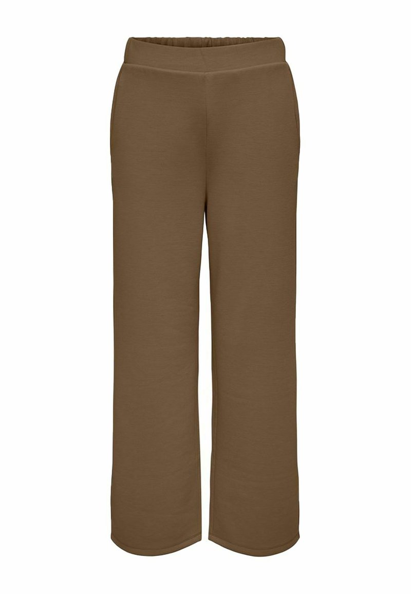 Pantaloni larghi marroni realizzati in materiale morbido, con una vita elastica e tasche laterali. Tessuto liscio e design semplice.