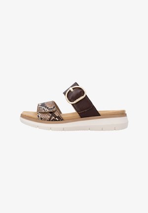 Open-toe sandal with two straps, one brown leather with a gold buckle, the other snakeskin pattern, and a white textured sole.