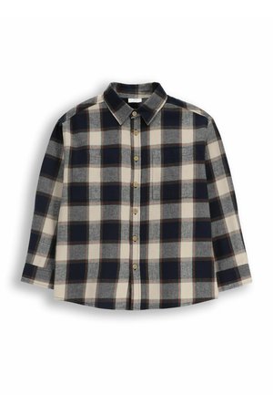 Koszula w kratę z długim rękawem w kolorach granatowym, szarym i kremowym. Wykonana z bawełny, z kołnierzykiem i dwiema kieszeniami na piersi. Drewniane guziki.