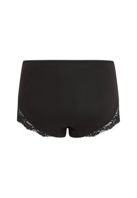 Zwart hipsterondergoed van gladde stof met verfijnde kanten afwerking langs de zijkanten, met een eenvoudig, naadloos ontwerp.