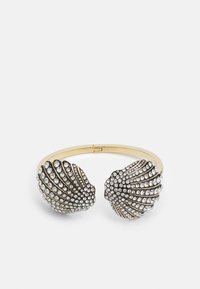 Kuldtooni käevõru, millel on kaks kestakuju otsa, mis on kaunistatud selgete rhinestone'idega, omades tekstuurset pinda ja sleek disaini.