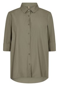 Olivgrünes, knopfbares Hemd mit klassischem Kragen, kurzen Ärmeln und einem leicht abgerundeten Saum. Aus glattem Stoff mit minimalistischem Design.