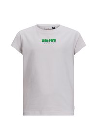 Weißes Baumwoll-T-Shirt mit kurzen Ärmeln, das einen grünen und schwarzen "ENJOY RETOUR"-Druck auf der Brust aufweist. Weicher Stoff und lockere Passform.