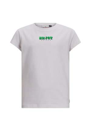 Witte katoenen T-shirt met korte mouwen, voorzien van een groen en zwart "ENJOY RETOUR" print op de borst. Zachte textuur en een relaxte pasvorm.