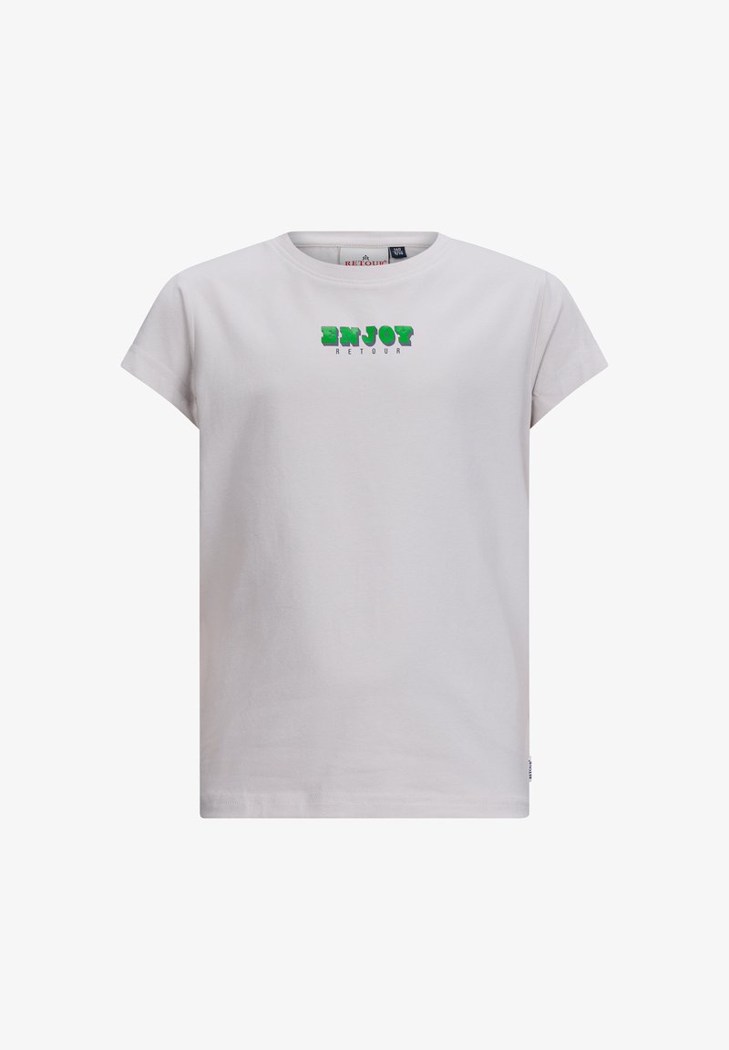 Biała koszulka bawełniana z krótkim rękawem, z nadrukiem „ENJOY RETOUR” w zielonym i czarnym kolorze na piersi. Miękka tekstura i luźny krój.