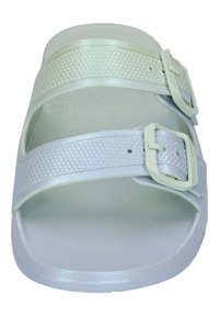 Lichtgroene slide-sandaal met twee gestructureerde, verstelbare banden en gespslot. Effen zool met een licht verhoogde rand en matte afwerking.