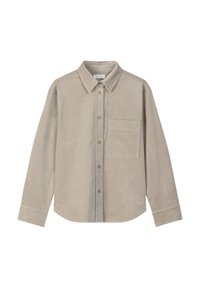 Beige overhemd met knopen, gemaakt van gestructureerde stof, met een klassieke kraag, lange mouwen, een enkele borstzak en een afgeronde zoom.