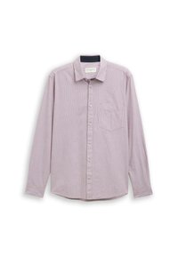 Herren Langarmhemd in Hellrosa mit dezenten vertikalen Streifen und einer Brusttasche, flach auf weißem Hintergrund präsentiert.