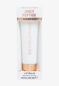 Vit plasttub med rosaguldiga accenter, märkt "Juicy Peptide Clear Ice Lip Balm," innesluten i en matchande låda, 8 ml kapacitet.