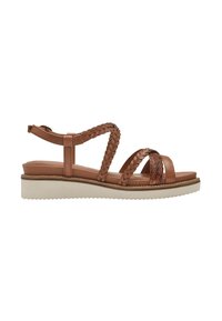Sandale marron pour femme avec des brides tressées et une semelle blanche basse, avec une bride à la cheville et un détail texturé à l'avant.