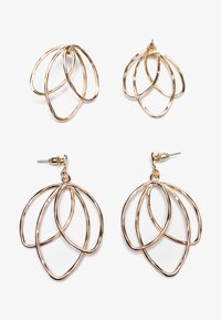 Gold-toned metal earrings featuring layered, leaf-like hoop designs. Includes a stud-style fastening for secure wear. Different sizes showcased.