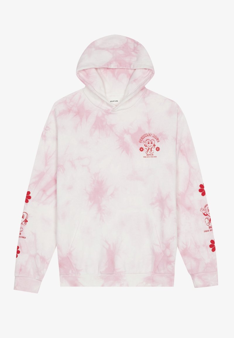 Sweat à capuche tie-dye rose et blanc avec poche avant, motifs de cœur cartoon rouge et fleurs, et texte "Perfect Love Bonus Free Hug Included" sur la poitrine et les manches.