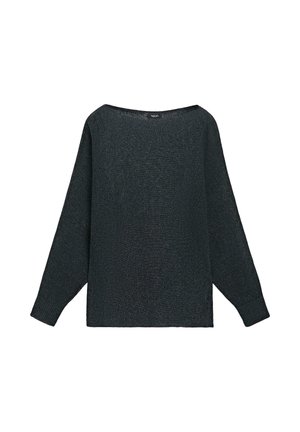 Mørkegrå, langærmet striktrøje med bred bådudskæring og ribbede ærmekanter, lagt fladt på en hvid baggrund.