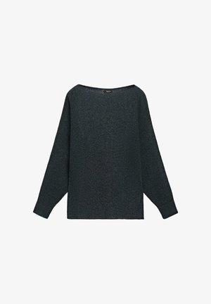 Mørkegrå, langærmet striktrøje med bred bådudskæring og ribbede ærmekanter, lagt fladt på en hvid baggrund.