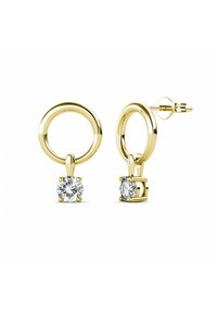 Orecchini a cerchio in oro con una pietra trasparente rotonda sospesa a un piccolo anello, con una finitura lucida e un fissaggio posteriore sicuro.