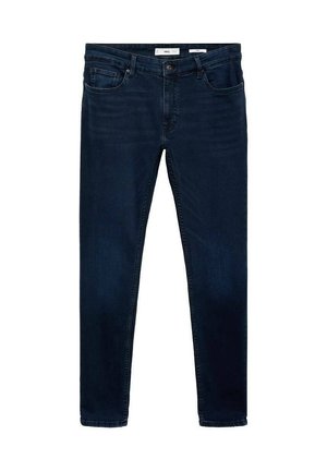 Jeans de mezclilla azul oscuro exhibidos de forma plana, con cinco bolsillos, cierre frontal de botón y un diseño de corte slim.