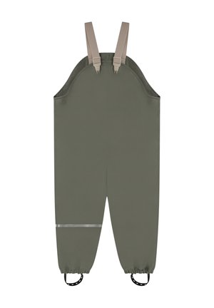 Salopette impermeabile verde oliva con spalline beige regolabili, polsini elastici, cinturini neri per i piedi e una striscia riflettente orizzontale.