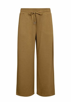 Hnedé nohavice s širokými nohavicami, elastickým pásom so šnúrkou, bočnými vreckami a voľným strihom.
