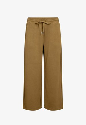 Brązowe spodnie z szerokimi nogawkami, z elastycznym pasem i troczkiem, wyposażone w boczne kieszenie i luźny krój.