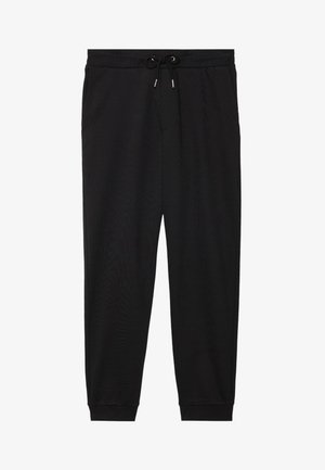 Black jogger pants made of soft fabric, with an elastic waistband, drawstring, and tapered leg cuffs.