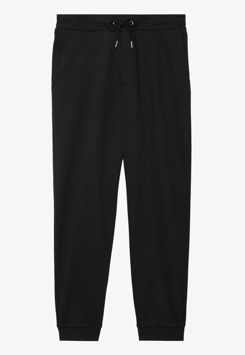 Pantalons de jogging noirs en tissu doux, avec une taille élastique, un cordon de serrage et des poignets de jambe fuselés.
