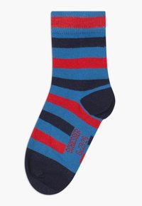 Chaussette rayée avec des bandes bleues, rouges et marine alternées. En mélange de coton, longueur mi-mollet, avec une bordure en rib et un orteil renforcé.